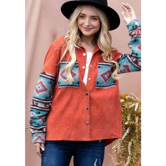 Blue and Rust Aztec Print Shacket - Picture 2 of 4